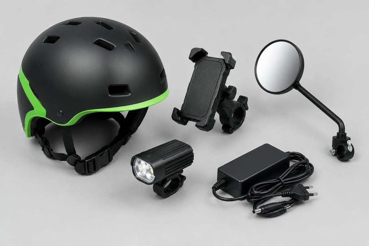 Helmet, phone mount, mirror, light and charger accessories (illustrative)