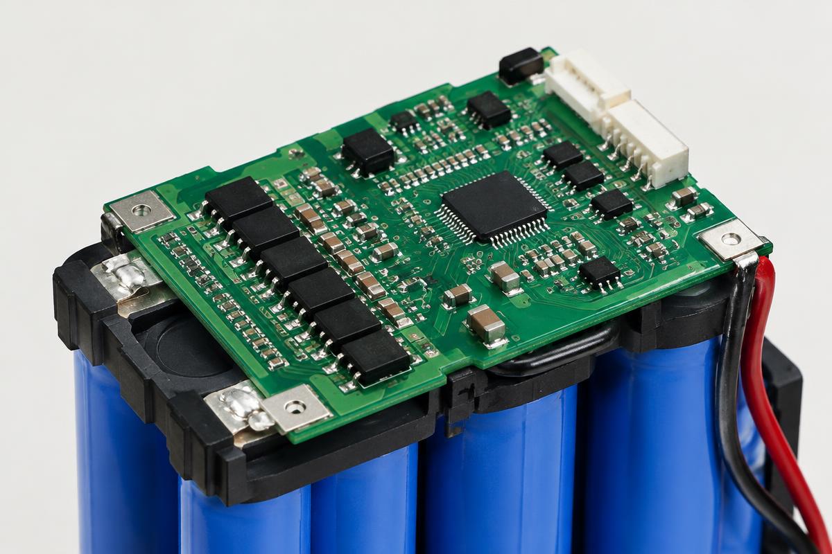 Battery management system circuit board mounted on lithium cells (illustrative)