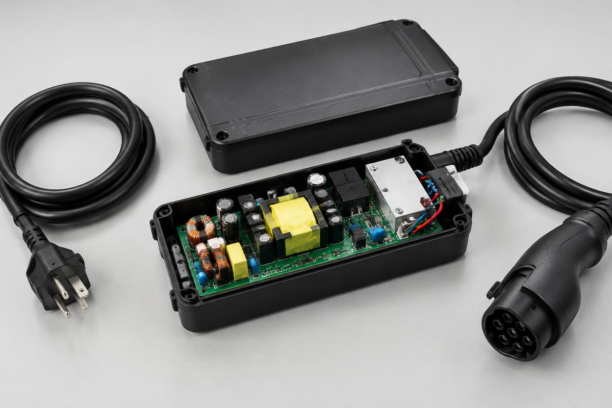Opened EV battery charger showing its circuit board (illustrative)