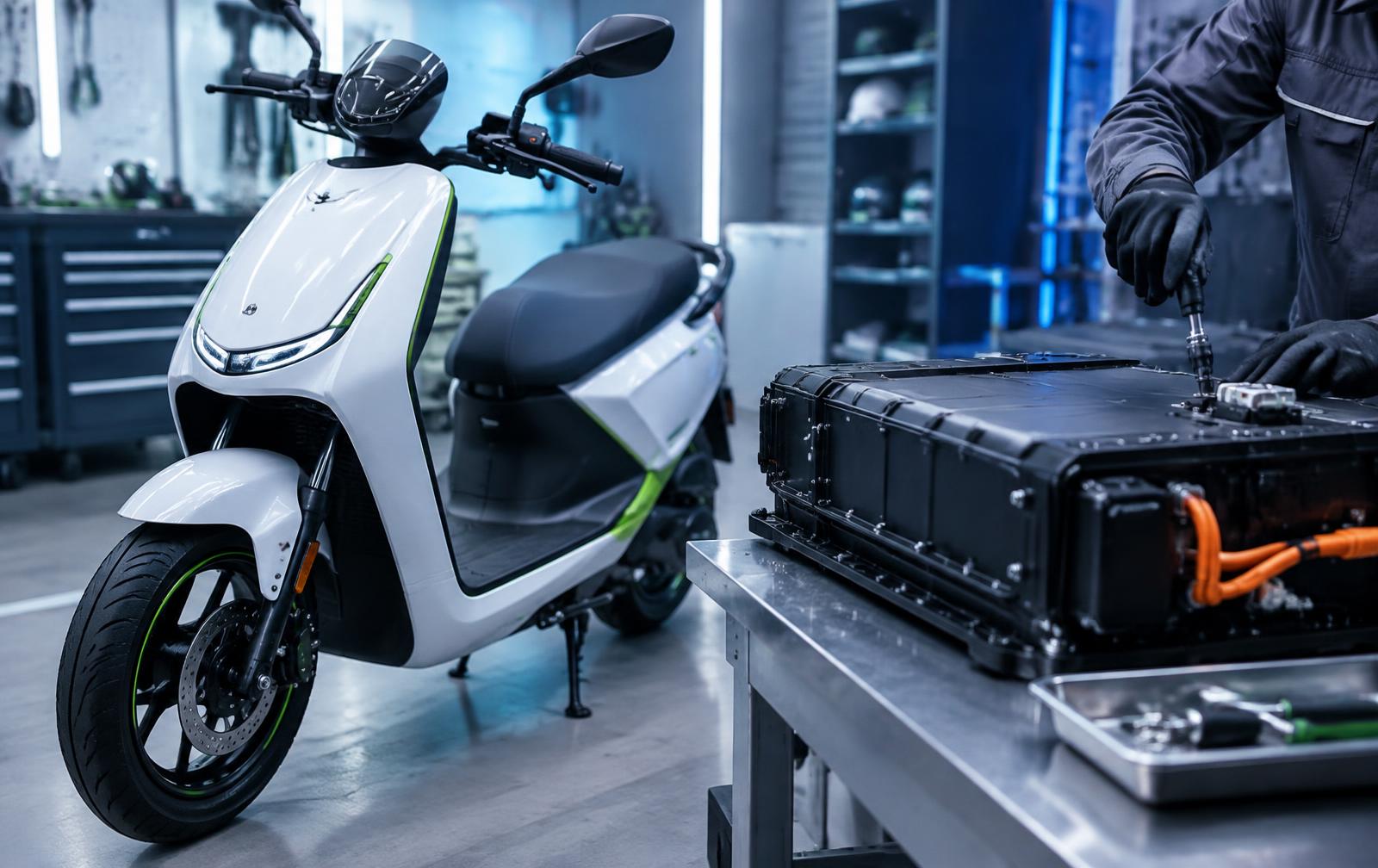 Electric scooter beside a lithium battery pack in an EV service workshop (illustrative image)