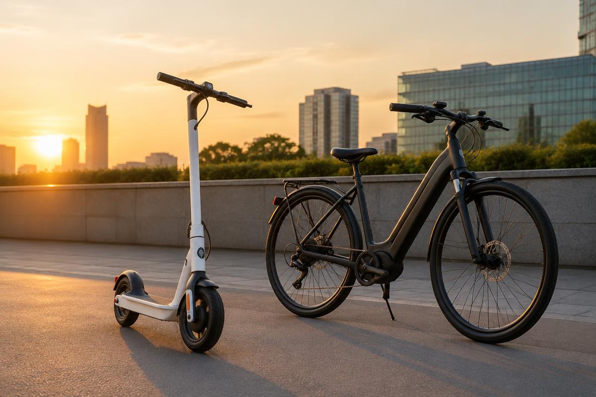 Electric scooter and e-bike parked side by side (illustrative)